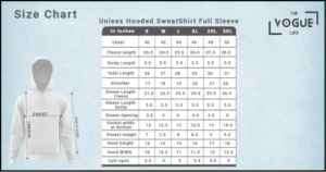 The Vogue Life Unisex Hoodies Size Chart